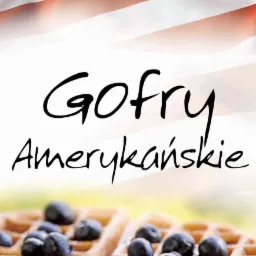 Amerykańskie gofry z borówkami i syropem klonowym na tle flagi USA, promocyjny plakat kulinarny.
