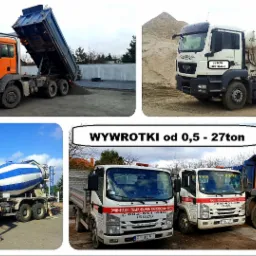 Kompozycja zdjęć przedstawiająca różne typy ciężarówek Jupitrans: wywrotka MAN wysypująca żwir, betonomieszarka MAN na tle hałdy piasku, betonomieszarka z dźwigiem oraz dwa mniejsze pojazdy Isuzu...