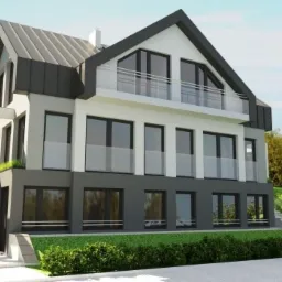 Wizualizacja dwukondygnacyjnego domu z płaskim dachem, białymi ścianami i szarym cokołem, z balkonami z przezroczystymi balustradami, otoczonego zielenią i samochodem na podjeździe.