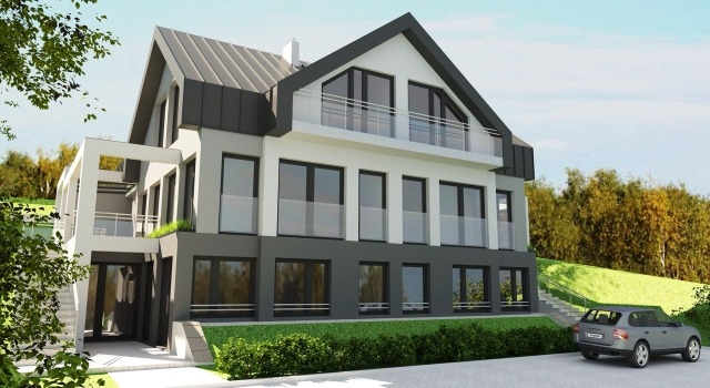 Wizualizacja dwukondygnacyjnego domu z płaskim dachem, białymi ścianami i szarym cokołem, z balkonami z przezroczystymi balustradami, otoczonego zielenią i samochodem na podjeździe.