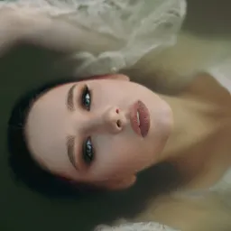 Portret kobiety z delikatnym makijażem, zanurzonej w wodzie, z widocznym koronkowym wykończeniem ubrania, oświetlonej miękkim światłem.