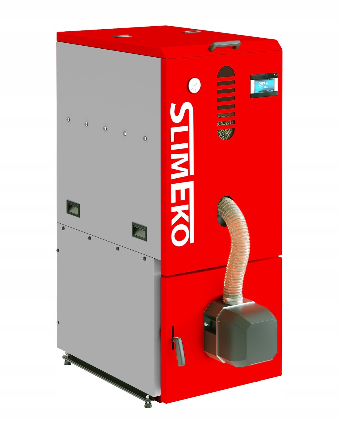 Nowoczesny piec na paliwo stałe SlimEko z podajnikiem, w kolorach czerwonym i szarym, widoczny wyświetlacz i manometr, na białym tle.
