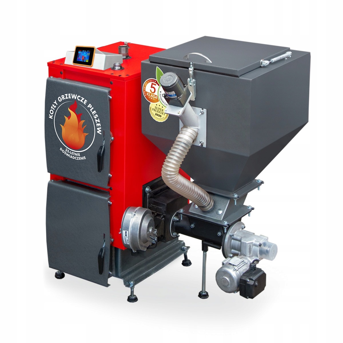 Nowoczesny piec na paliwo stałe z podajnikiem, czerwono-szary, z widocznym logo producenta 'Kotły Grzewcze Pleszew' i oznaczeniem klasy energetycznej, na białym tle.