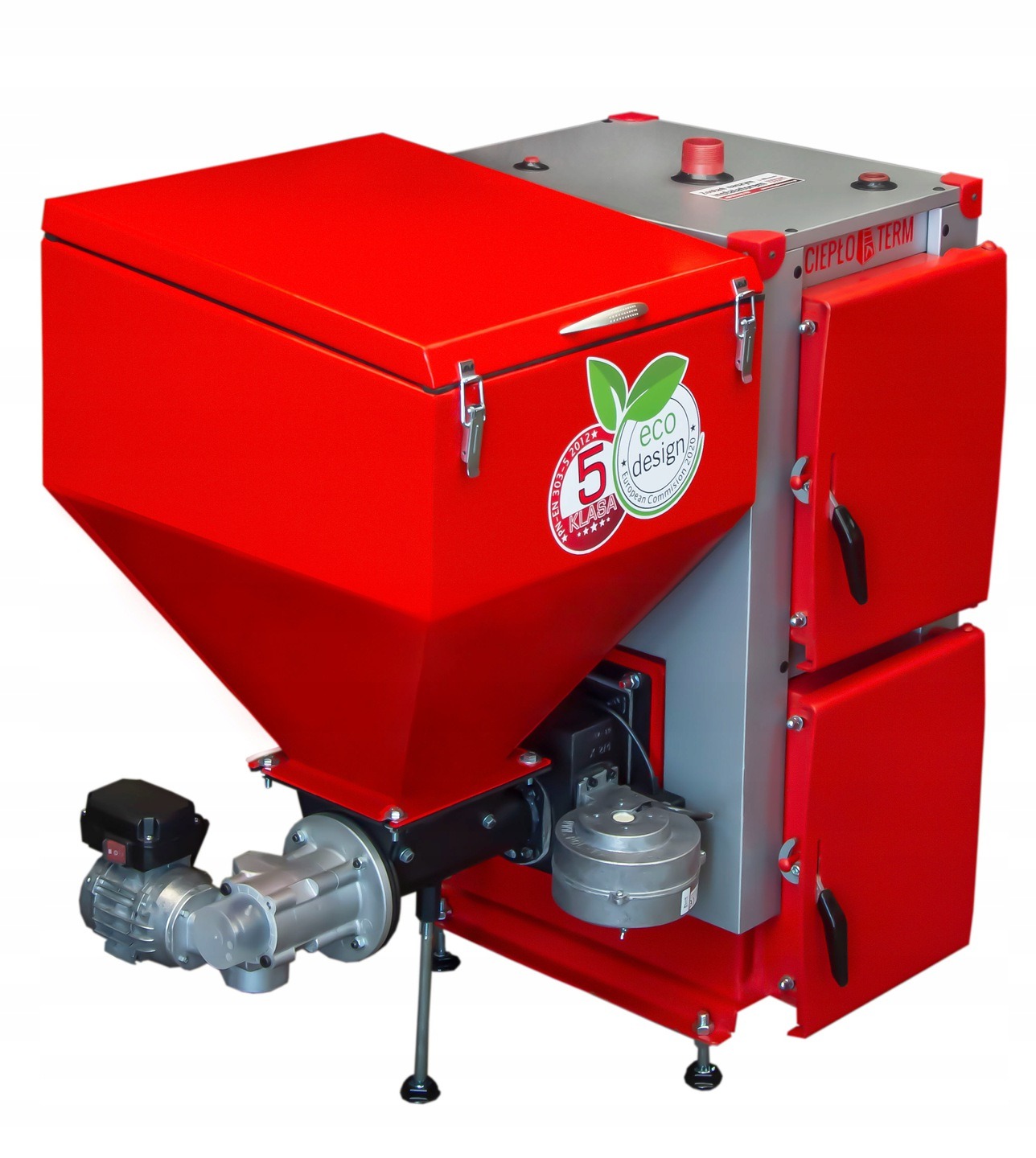 Nowoczesny, czerwono-szary piec na paliwo stałe z podajnikiem i oznaczeniem klasy 5 oraz EcoDesign, widoczny z przodu na białym tle.