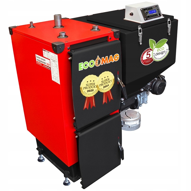Nowoczesny piec na paliwo stałe marki EcoMag, z widocznymi certyfikatami Super Produkt 2020 i 2021 oraz oznaczeniem Eco Design, na białym tle.