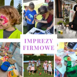 Kompozycja zdjęć z imprezy firmowej: malowanie twarzy dziecka, tatuaże dla dzieci, pokaz chemiczny, sensoryczne zabawy i animacje na trawie z kolorowymi piłkami.