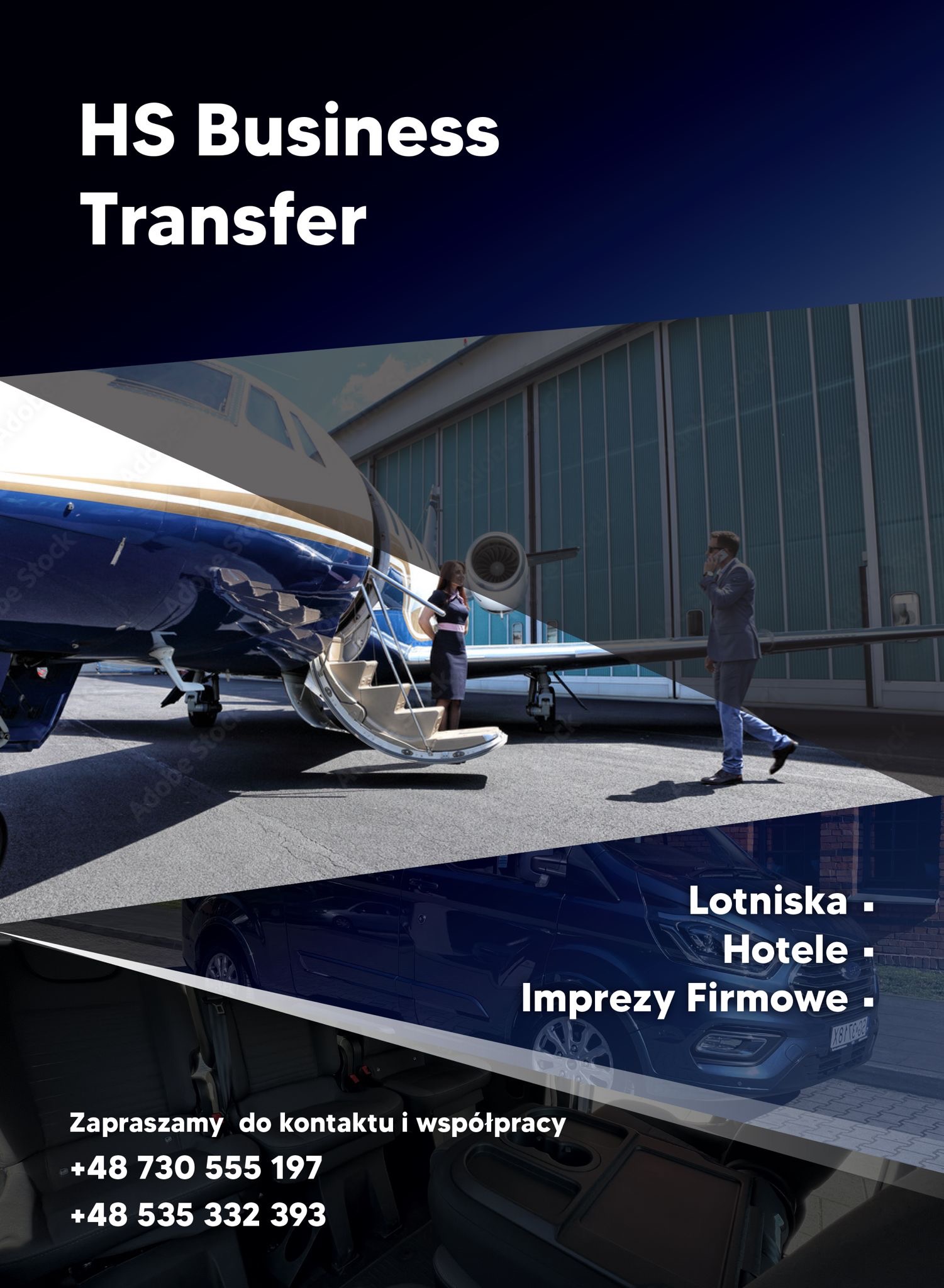 Grafika reklamowa: prywatny odrzutowiec z otwartymi schodami, kobieta w sukience i mężczyzna w garniturze rozmawiający przez telefon, dolna część grafiki przedstawia wnętrze busa pasażerskiego.