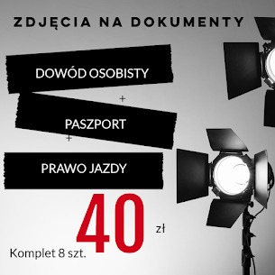 Grafika reklamowa studia fotograficznego oferującego zdjęcia do dokumentów: dowodu osobistego, paszportu i prawa jazdy. Na szarym tle widoczne czarne, prostokątne bloki z białymi napisami nazw...
