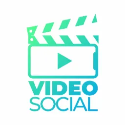 Gradientowe logo w kolorach zieleni i błękitu przedstawiające klaps filmowy nad smartfonem z symbolem odtwarzania, poniżej napis VIDEO SOCIAL.