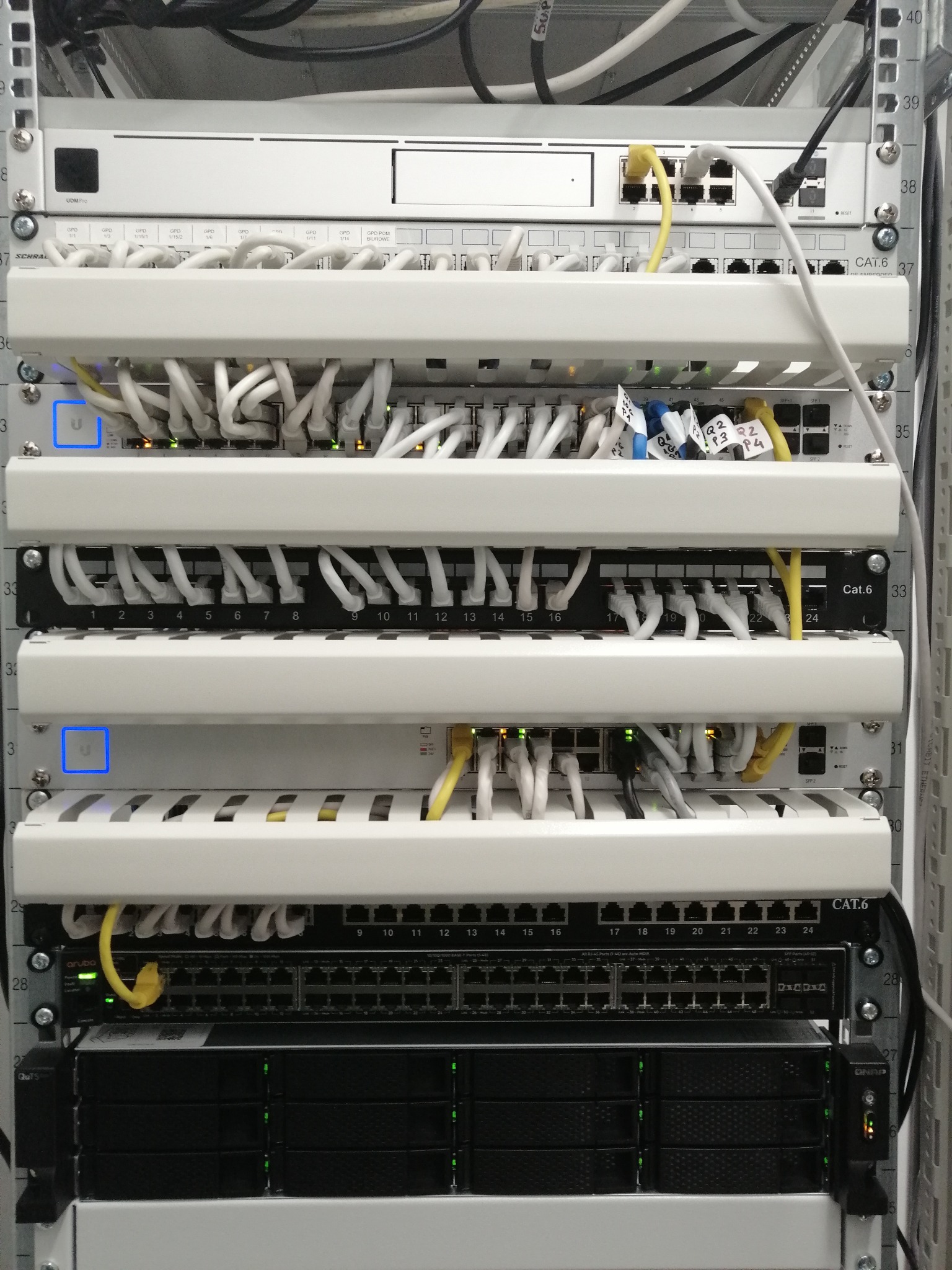 Szafa RACK z zainstalowanymi urządzeniami sieciowymi, widoczne patch panele, switche, routery, okablowanie CAT6, zorganizowane przewody w kolorze białym i żółtym.