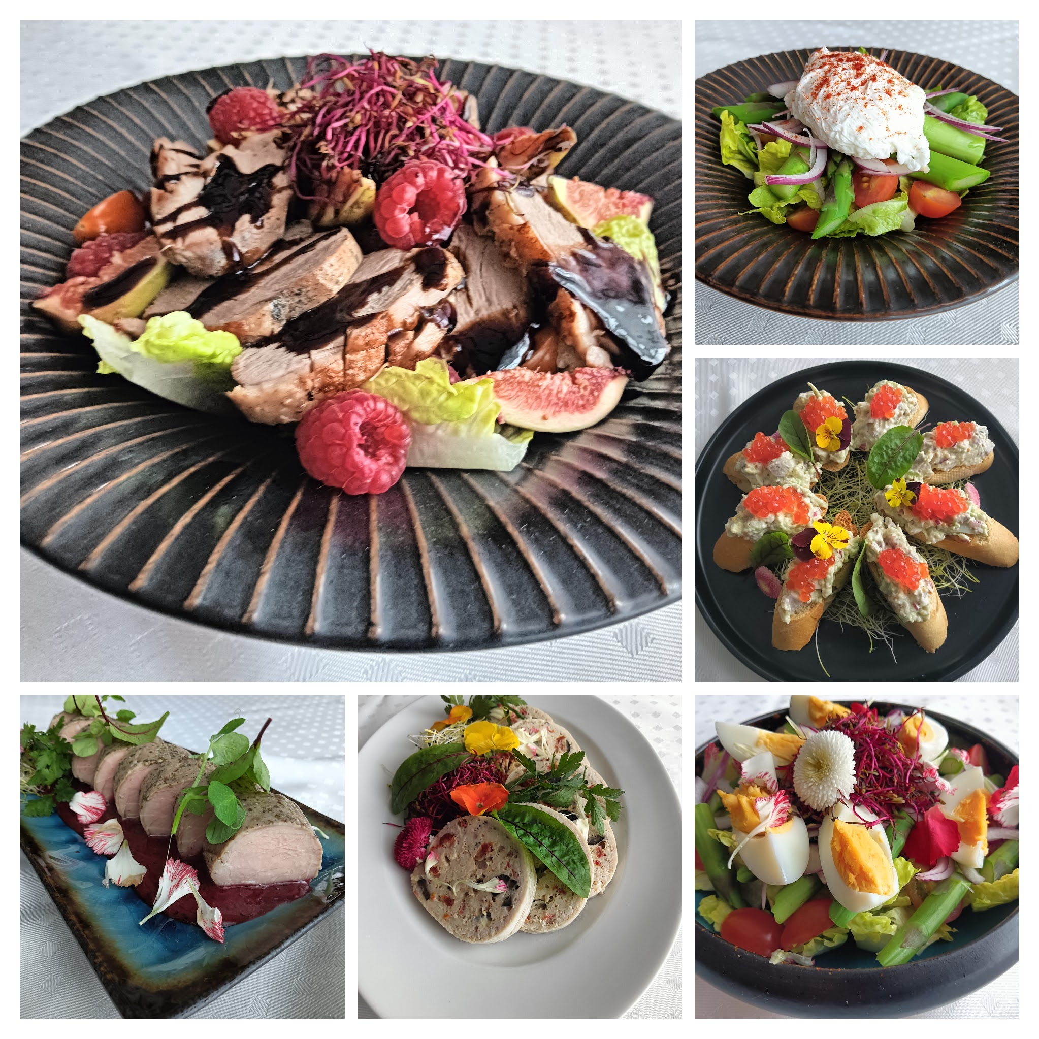 Kompozycja sześciu różnych dań: plastry mięsa z figami i malinami polane sosem balsamicznym, sałatka z jajkiem i warzywami, grzanki z pastą i kawiorem, roladki mięsne dekorowane kwiatami i ziołami,...