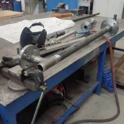 Element rurociągu z przyspawanymi kołnierzami, mocowany w imadle na stole warsztatowym; obok leży maska spawalnicza i rysunek techniczny.