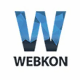 Niebieskie logo firmy Webkon z geometrycznym wzorem w literze W na białym tle.