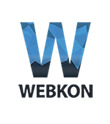 Niebieskie logo firmy Webkon z geometrycznym wzorem w literze W na białym tle.