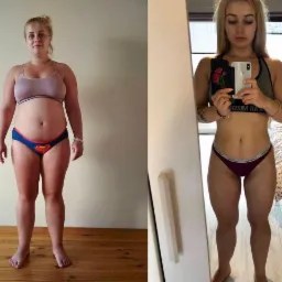 Kobieta przed i po metamorfozie sylwetki, widoczne zmiany w budowie ciała i redukcji tkanki tłuszczowej, na drugim zdjęciu osoba robi selfie w lustrze.