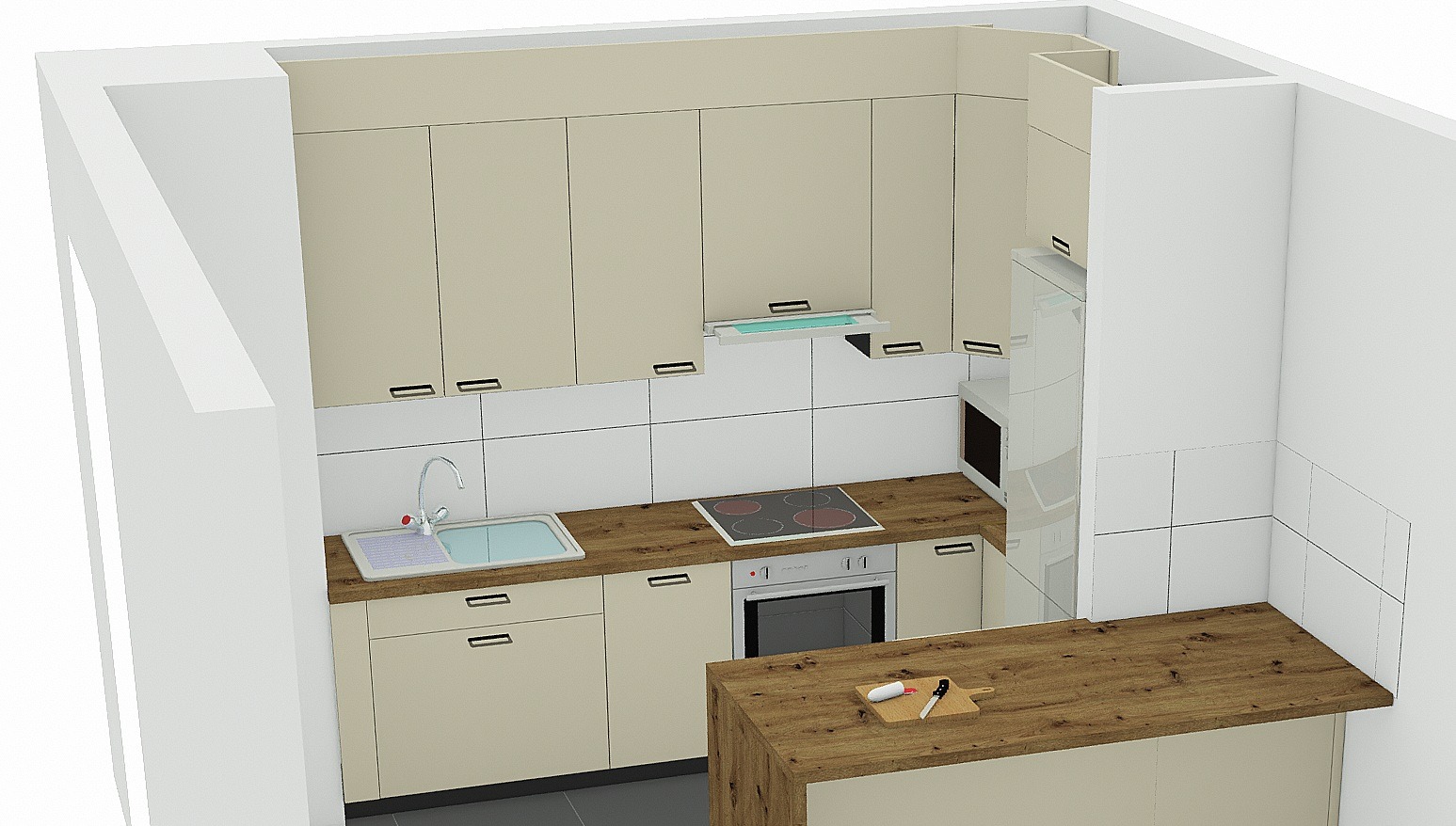 Wizualizacja 3D beżowej kuchni z drewnianym blatem, białymi płytkami i nowoczesnym sprzętem. Widok z góry, prezentujący układ szafek, zlewu, płyty grzewczej i barku.