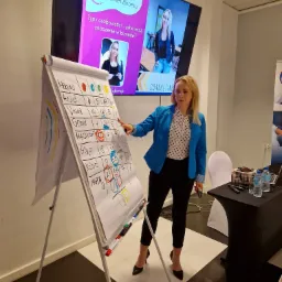 Prelegentka w niebieskiej marynarce prezentuje wyniki analizy na flipcharcie podczas spotkania Klubu Kobiet Biznesu, na monitorze widoczny slajd z logo i zdjęciem prelegentki.