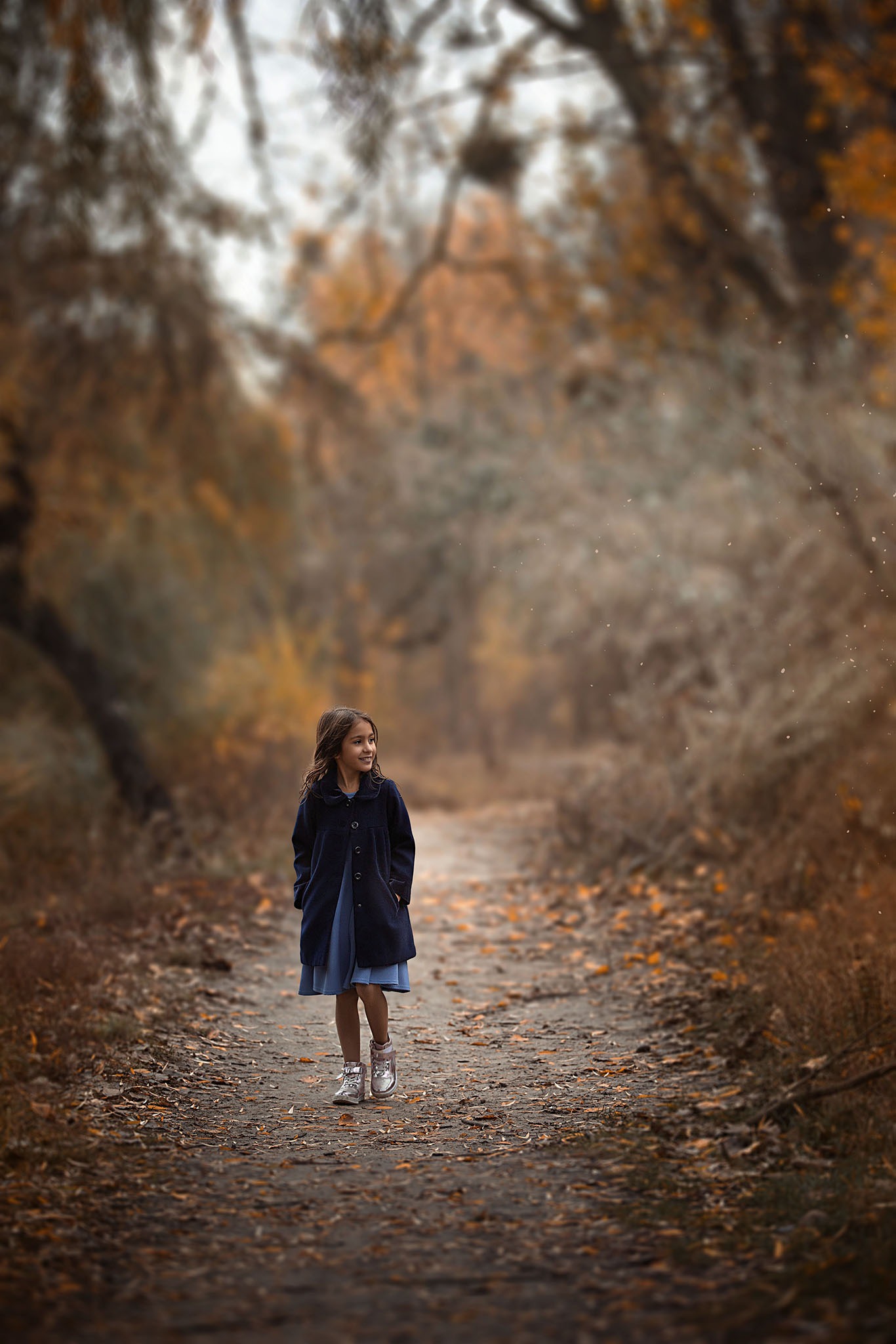 Dziewczynka w granatowym płaszczu i srebrnych butach idzie polną drogą w jesiennym lesie.
