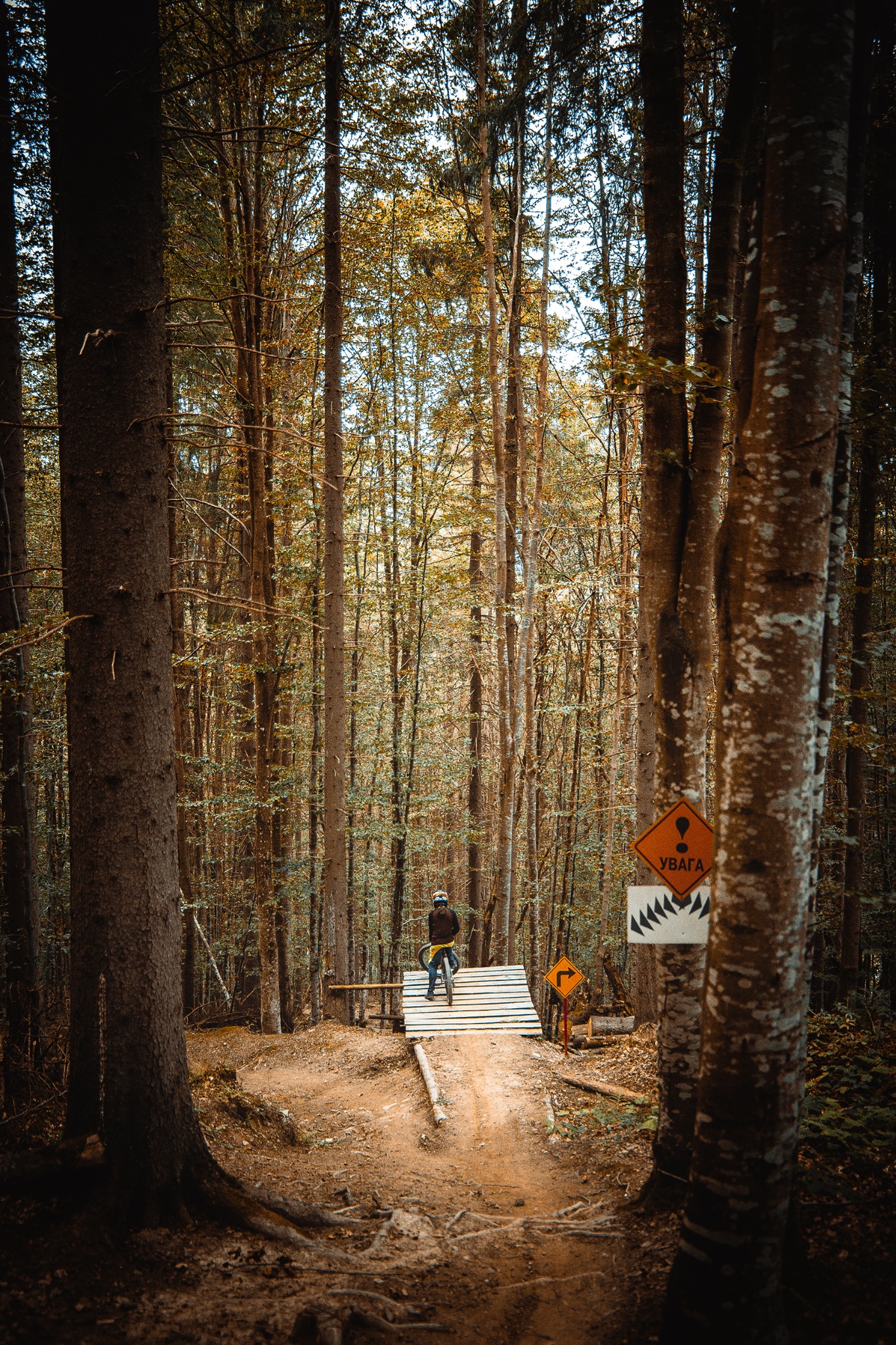 Rowerzysta na drewnianej platformie w lesie, widoczny znak ostrzegawczy z napisem 'УВАГА' (Uwaga), wysokie drzewa w tle.