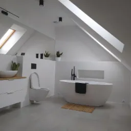Nowoczesna łazienka na poddaszu ze skośnym sufitem i oknem dachowym odbitym w lustrze, biała wolnostojąca wanna z czarną armaturą i ręcznikiem, umywalka nablatowa na drewnianym blacie, biała...