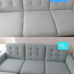 Zdjęcie przedstawia porównanie sofy przed i po praniu. Górna część pokazuje sofę z widocznymi plamami, dolna część prezentuje sofę po czyszczeniu, bez plam.