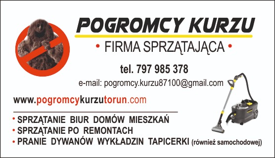 Wizytówka firmy sprzątającej Pogromcy Kurzu z Torunia, prezentująca logo z zakazanym kłębkiem kurzu, dane kontaktowe, adres strony internetowej oraz listę oferowanych usług, w tym pranie dywanów...