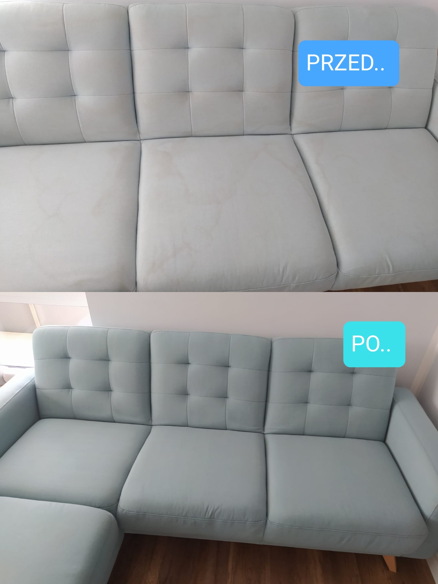 Zdjęcie przedstawia porównanie sofy przed i po praniu. Górna część pokazuje sofę z widocznymi plamami, dolna część prezentuje sofę po czyszczeniu, bez plam.