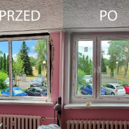 Porównanie okna przed i po wymianie: po lewej stronie widoczne uszkodzenia ściany wokół ramy i brak wykończenia, po prawej stronie nowe okno z uszczelnioną ramą i pomalowaną ścianą, widok...