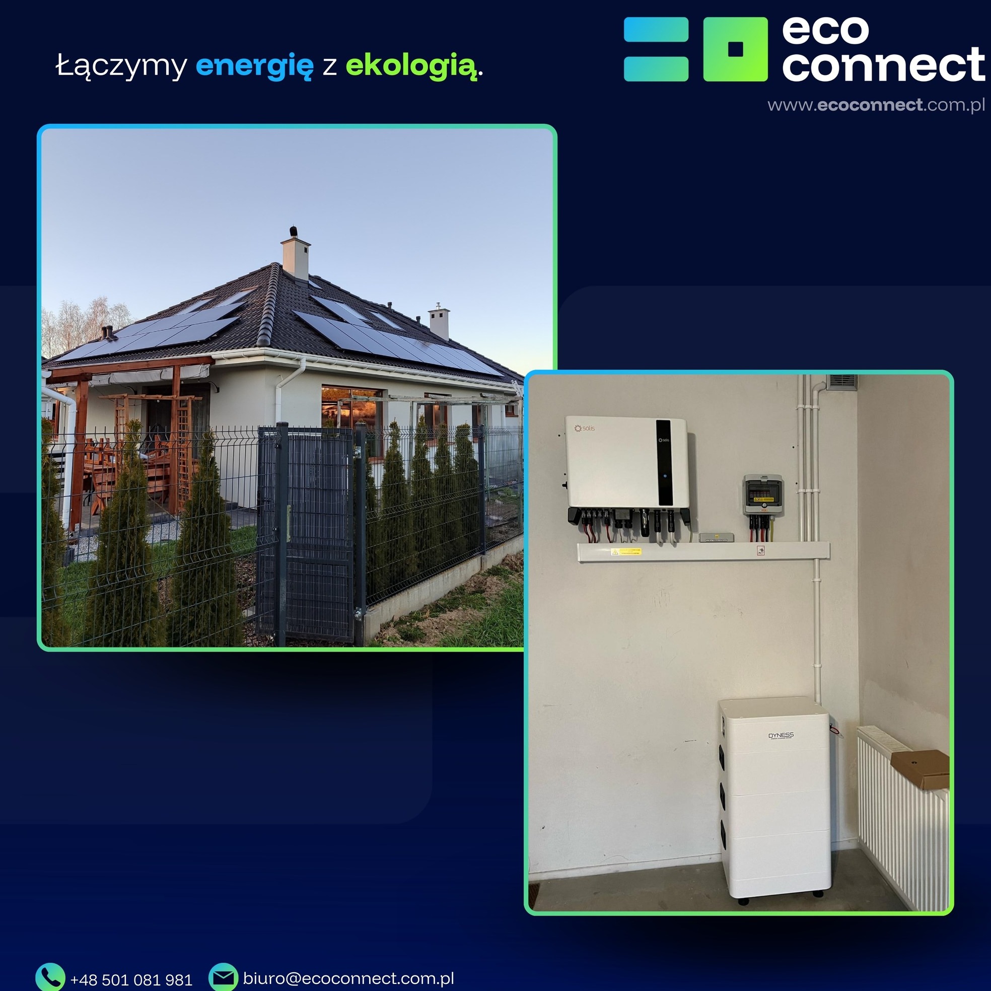 Dom jednorodzinny z panelami słonecznymi na dachu, widoczny falownik i akumulator energii w pomieszczeniu, prezentacja firmy Eco Connect.
