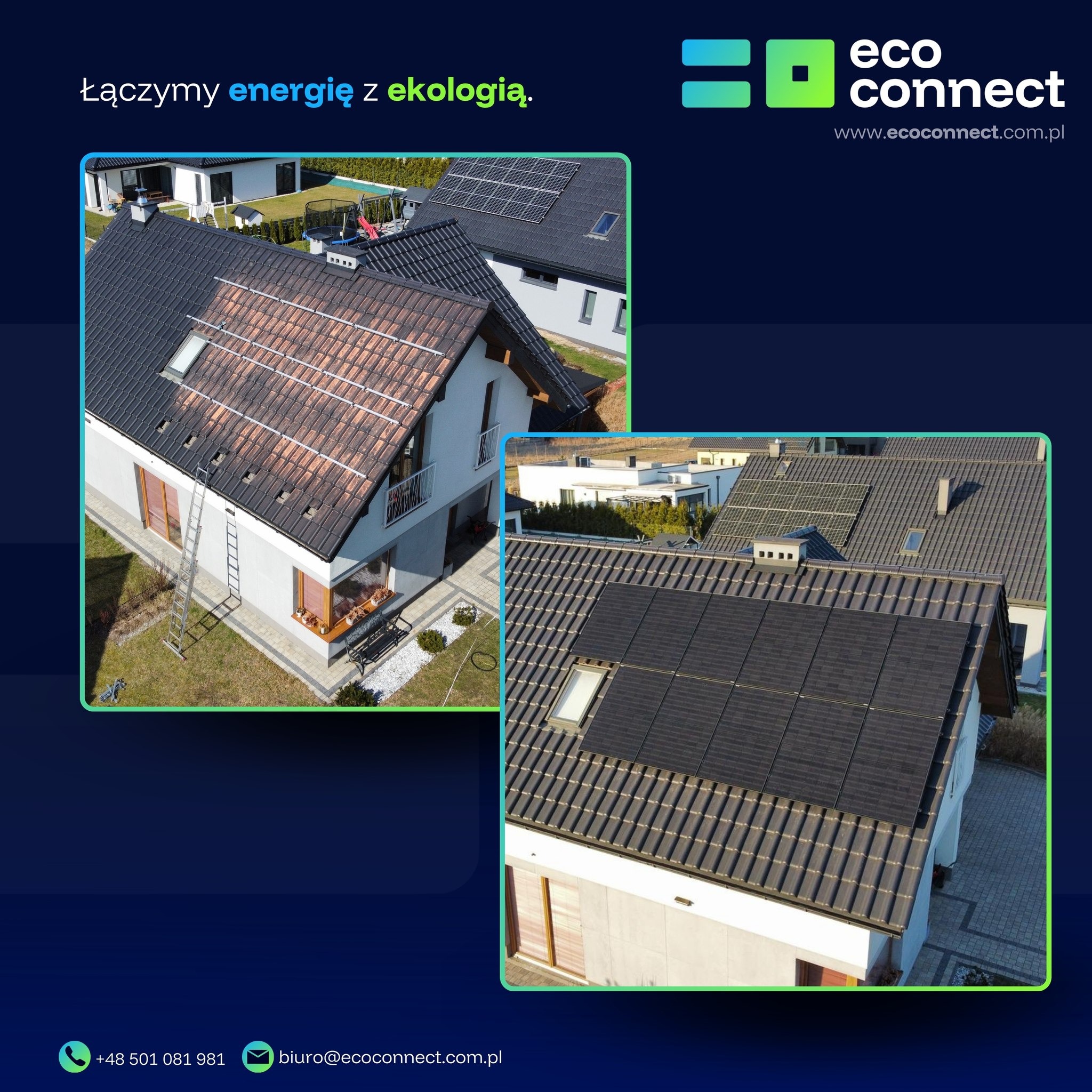 Dwa ujęcia domów jednorodzinnych z panelami słonecznymi na dachach. Na pierwszym ujęciu widoczny dom z częściowo zamontowanymi panelami i drabiną opartą o ścianę. Drugie ujęcie przedstawia dom...