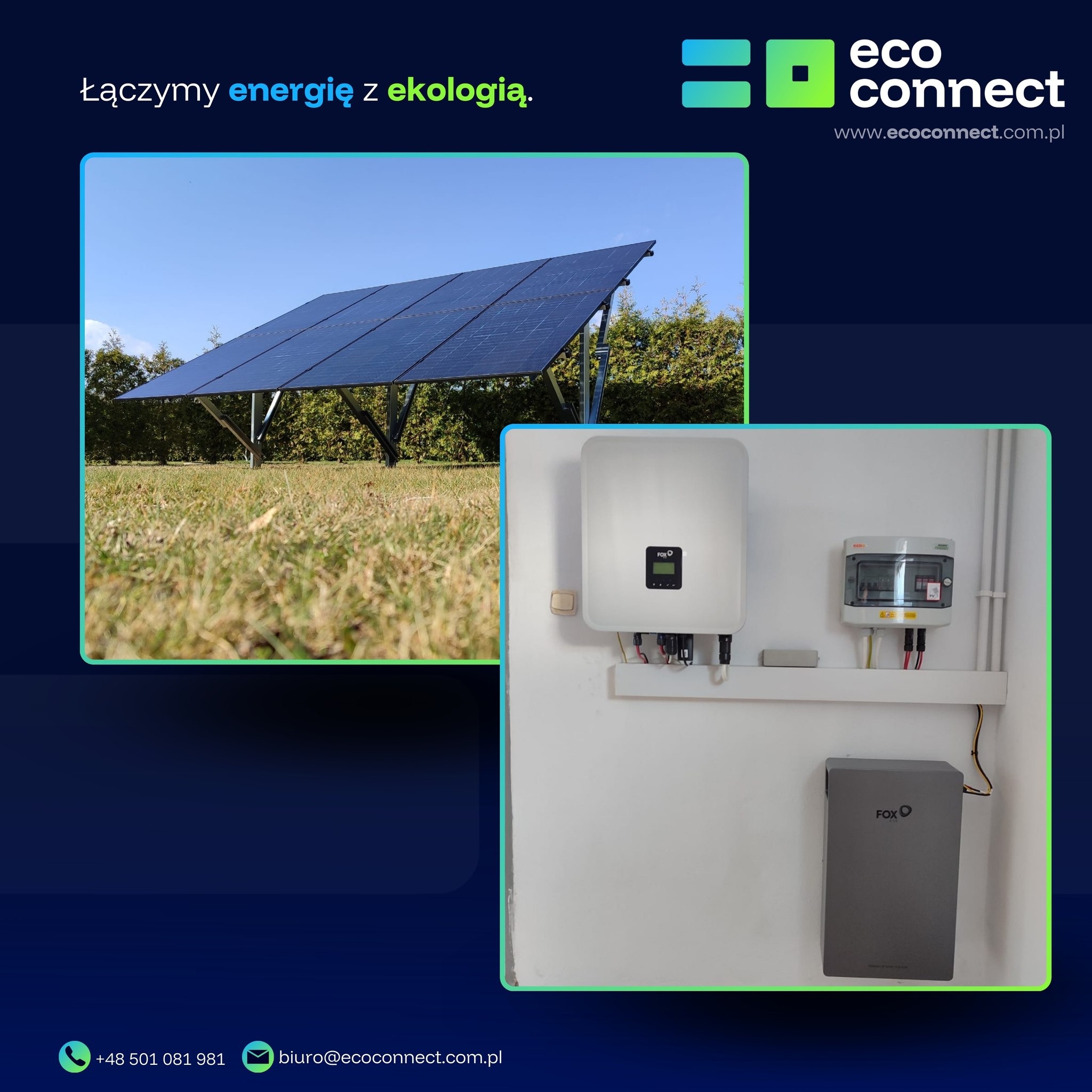 Instalacja fotowoltaiczna: panele słoneczne na trawiastym terenie oraz wewnętrzny widok z falownikiem, rozdzielnicą i akumulatorem firmy FoxEss zamontowanymi na białej ścianie.