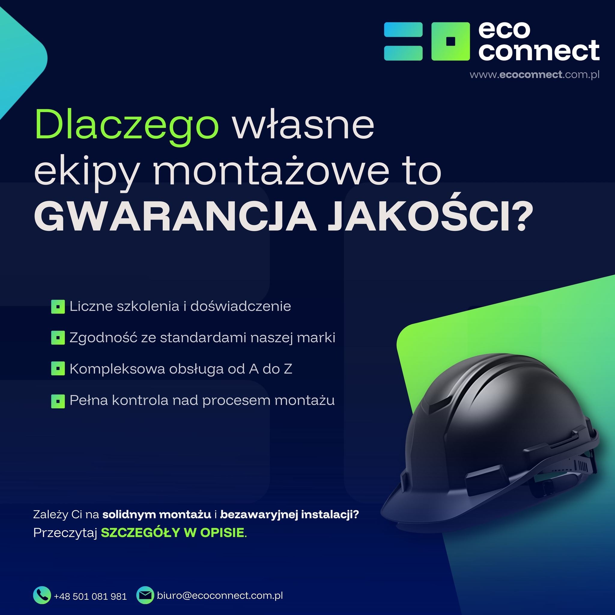 Czarny kask budowlany na tle grafiki z logo firmy Eco Connect, z hasłem 'Dlaczego własne ekipy montażowe to GWARANCJA JAKOŚCI?'