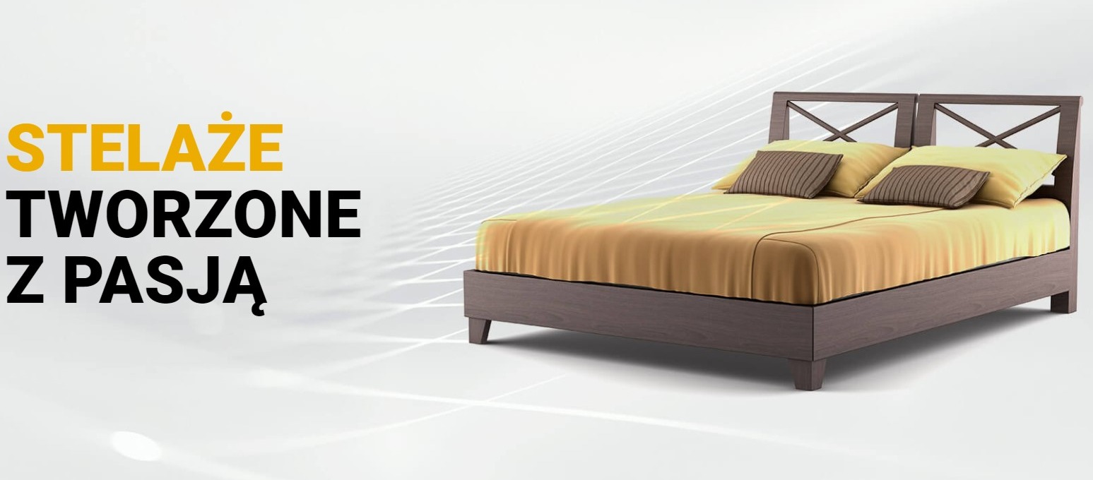 Wizualizacja łóżka z drewnianą ramą i zagłówkiem w kształcie krzyży, z pościelą w odcieniach złota i brązu, na białym tle z subtelnym wzorem.