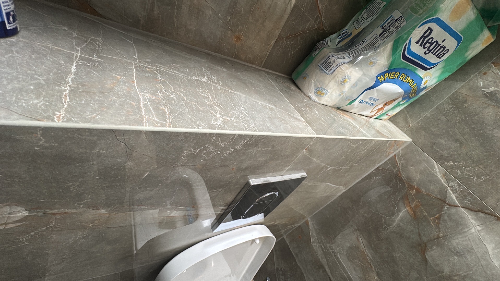 Wykończona toaleta z szarymi płytkami imitującymi marmur, widoczny fragment muszli klozetowej i przycisku spłukującego. Na górze leży opakowanie papieru toaletowego.