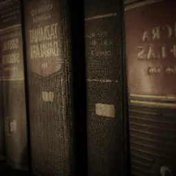 Rząd starych, oprawionych książek prawniczych na ciemnej półce, widoczne tytuły w języku tureckim.