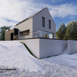Wojciech Hadyniak Architekt - Wizualizacja nowoczesnego domu jednorodzinnego w zimowym krajobrazie, z betonowym podmurówką, szklaną balustradą i bałwanem w kapeluszu na pierwszym planie, helikopter na niebie.