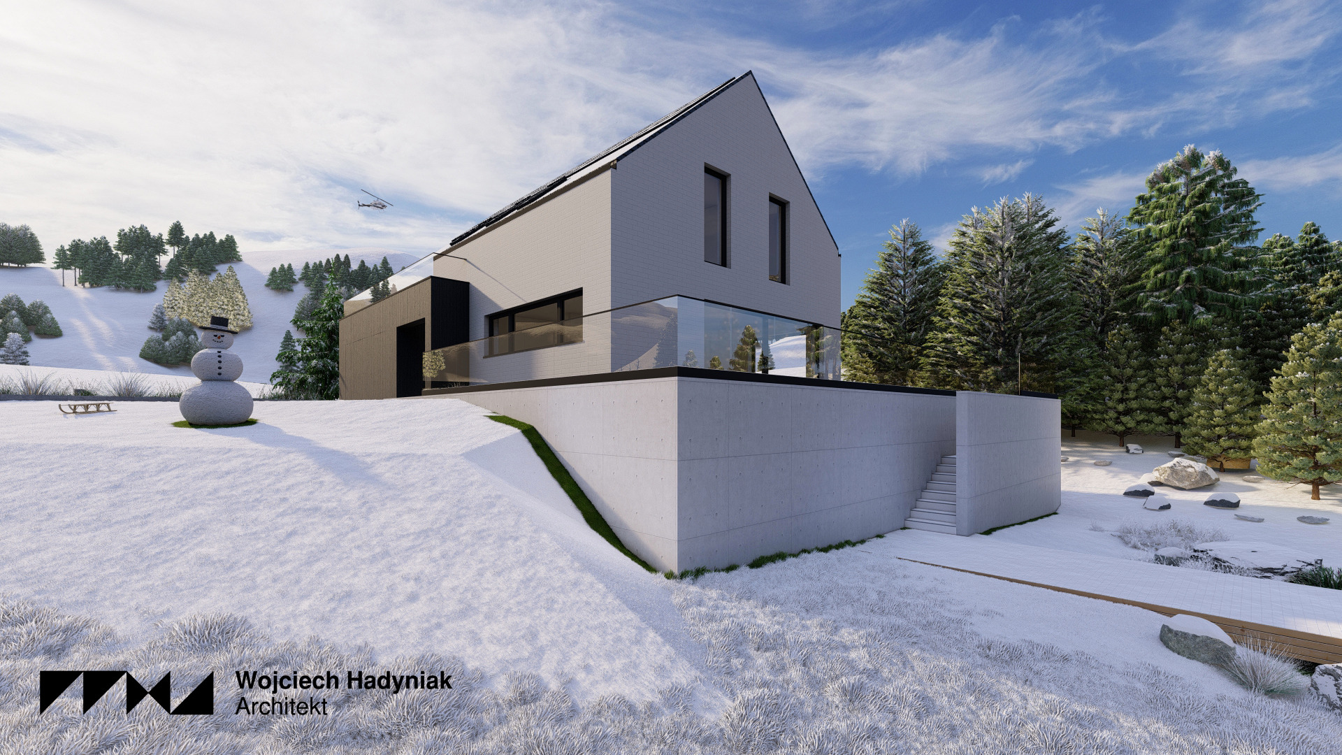 Wizualizacja nowoczesnego domu jednorodzinnego w zimowym krajobrazie, z betonowym podmurówką, szklaną balustradą i bałwanem w kapeluszu na pierwszym planie, helikopter na niebie.