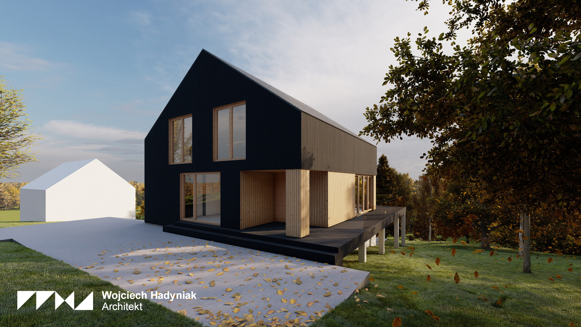 Wizualizacja nowoczesnego domu z czarną elewacją i drewnianymi akcentami, otoczonego jesiennym krajobrazem. Widoczne detale architektoniczne i gra światła.