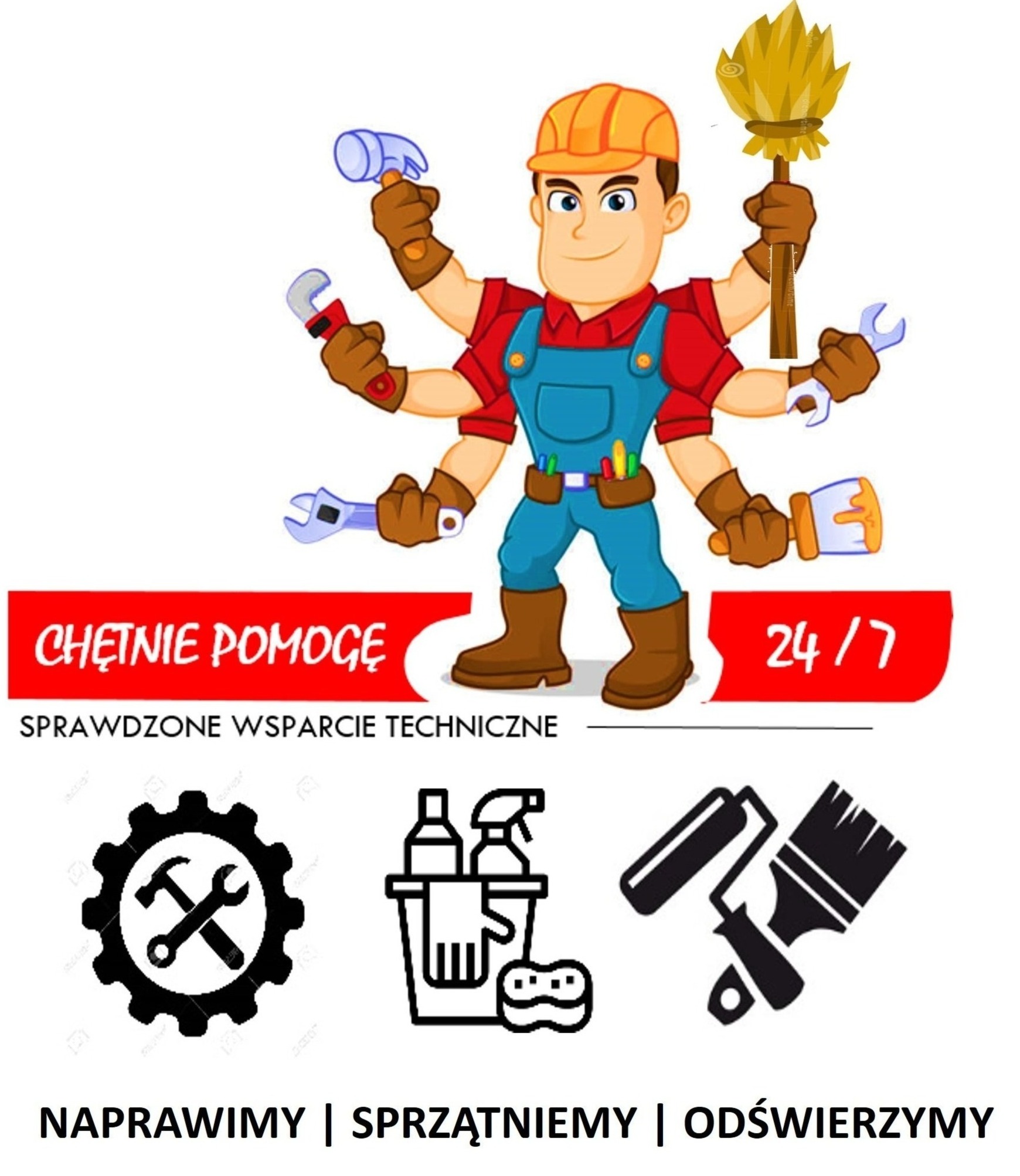 Karykaturalny hydraulik w pomarańczowym kasku, z narzędziami w wielu dłoniach, oferuje wsparcie techniczne 24/7, z ikonami naprawy, sprzątania i odświeżania poniżej.