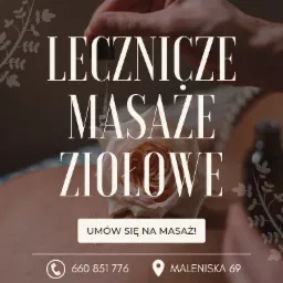 Reklama leczniczych masaży ziołowych z numerem telefonu i adresem, z olejkiem i różą w tle.