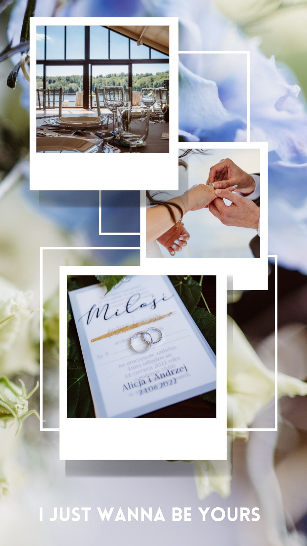 Kolaż zdjęć ślubnych: nakryty stół w restauracji z widokiem na jezioro, zbliżenie dłoni z obrączką podczas ceremonii oraz zaproszenie ślubne z datą 24.06.2022, całość w pastelowych barwach...