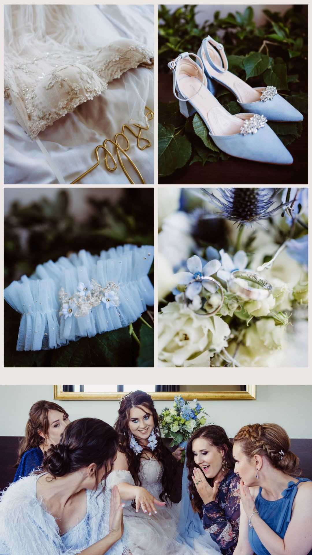 Kolaż ślubny: suknia z napisem 'Mrs', błękitne buty na liściach, podwiązka, obrączki na bukiecie z datą i panna młoda z druhnami.