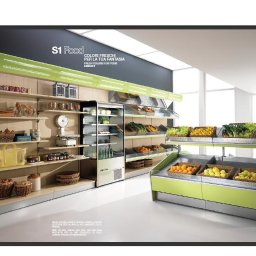 MEGAR Sp. z o.o. - Ekspozycja owoców i warzyw w sklepie spożywczym z chłodzoną witryną i półkami z wiklinowymi koszami, oświetlenie LED, minimalistyczny design.