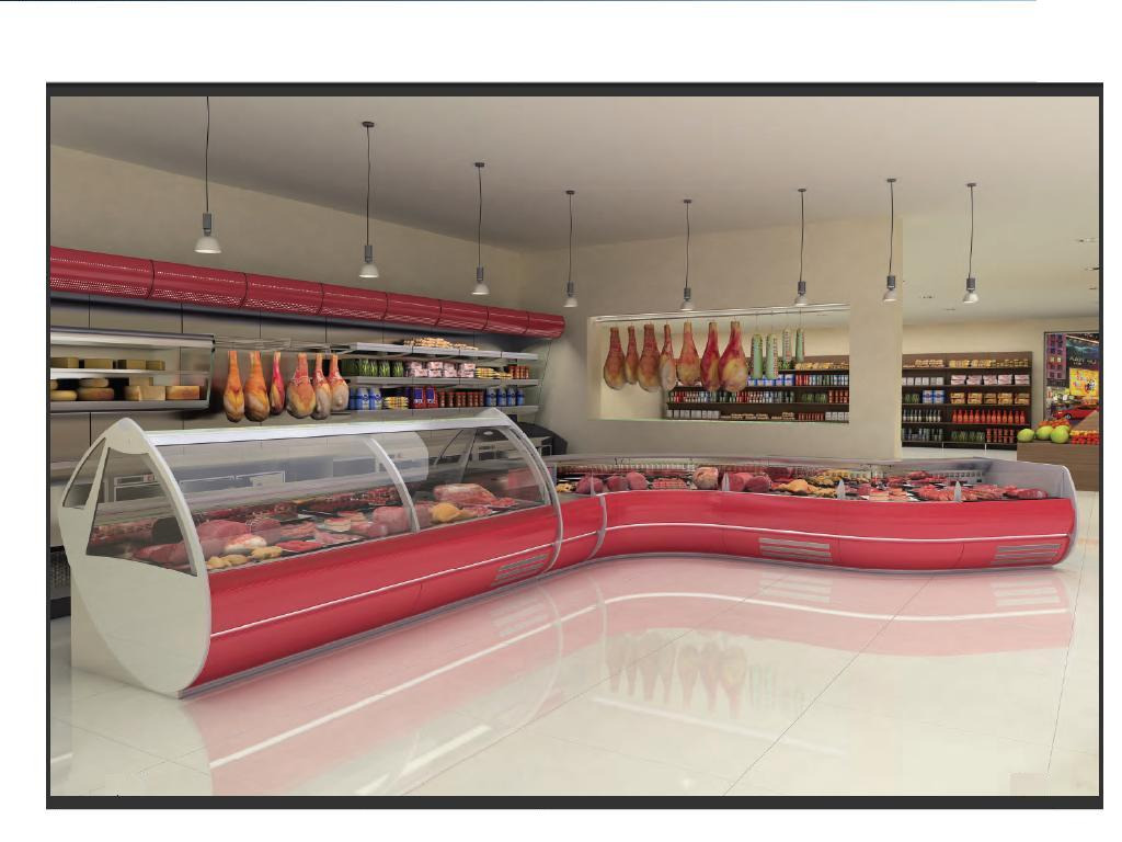 Długa, zakrzywiona lada chłodnicza w odcieniach czerwieni i bieli, wypełniona różnymi rodzajami mięs i wędlin, eksponowana w dobrze oświetlonym sklepie spożywczym z wiszącymi szynkami i pełnymi...