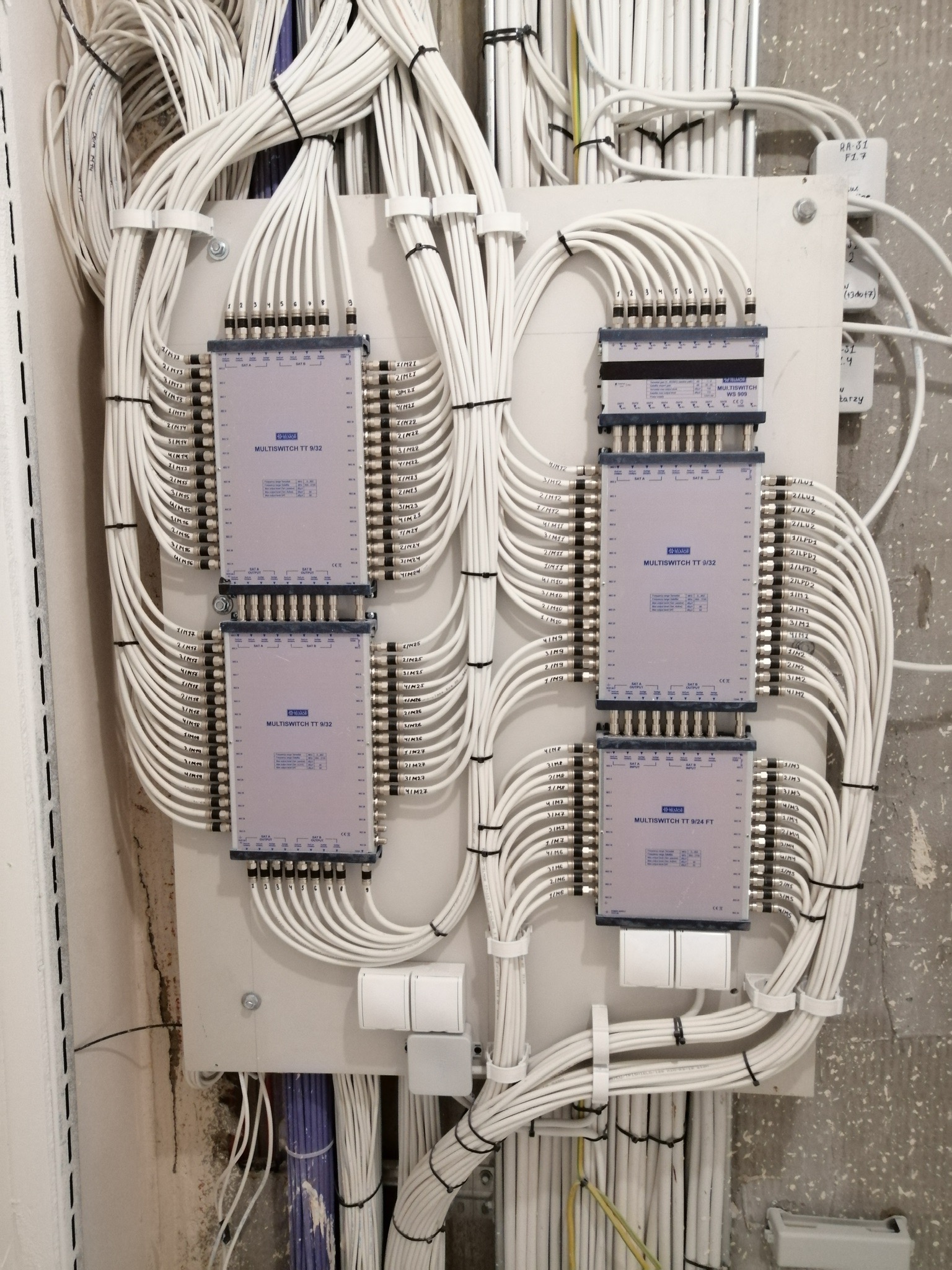 Rozdzielnica z zamontowanymi multiswitchami TT 9/32 i TT 9/24 FT, z precyzyjnie ułożonymi i oznaczonymi kablami koncentrycznymi, umieszczona na ścianie z widocznymi śladami po wierceniu.