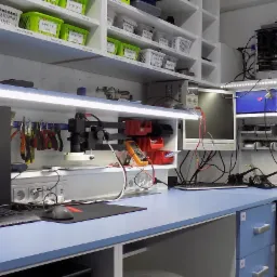 Stół warsztatowy z narzędziami i sprzętem elektronicznym, w tym monitor, klawiatura, mysz, mikroskop, multimetr, lutownica, zasilacz laboratoryjny, komputer stacjonarny z otwartą obudową,...