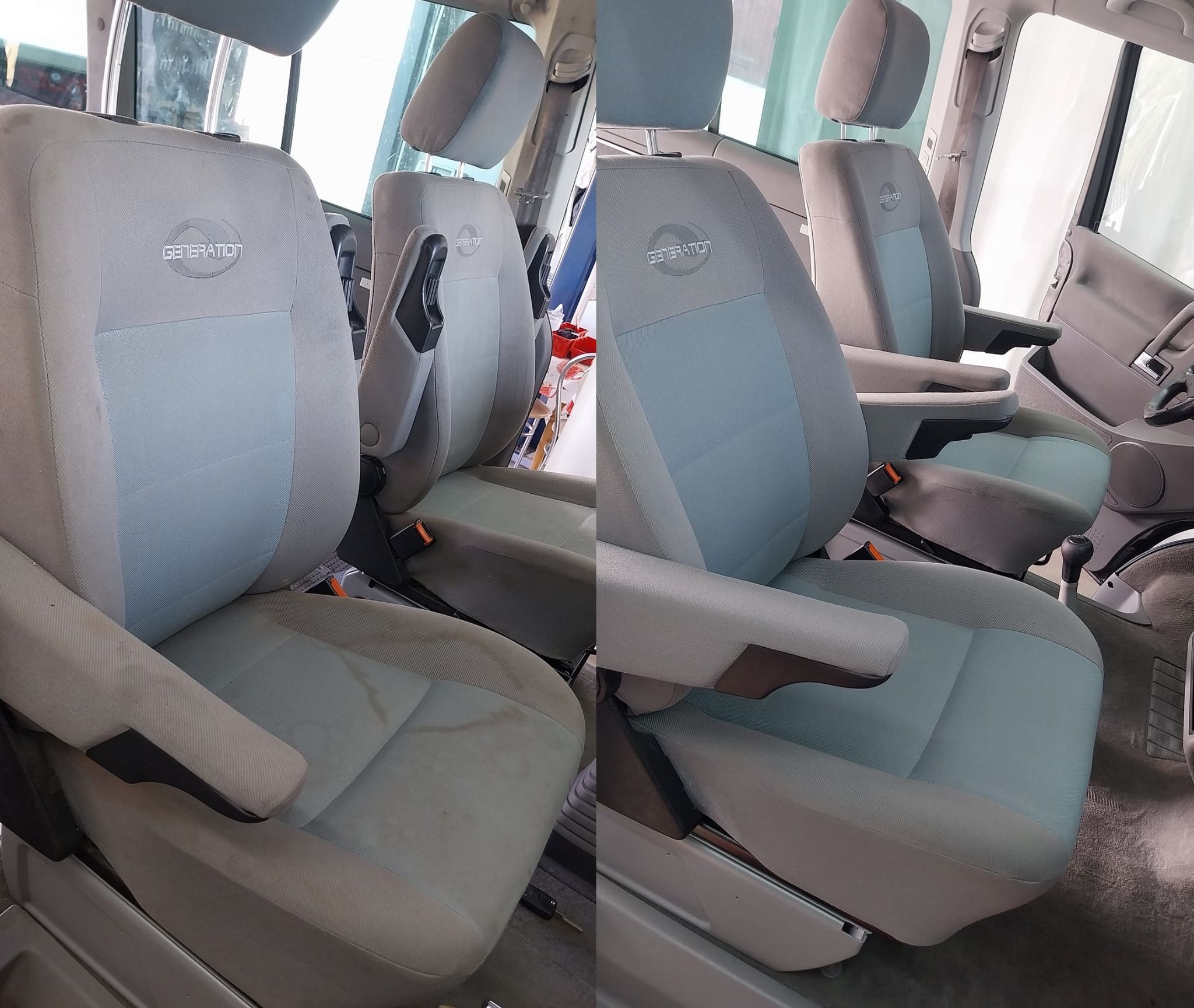 Porównanie fotela samochodowego 'Generation' przed i po praniu, widoczne plamy przed czyszczeniem i czysty, odświeżony wygląd po zabiegu.