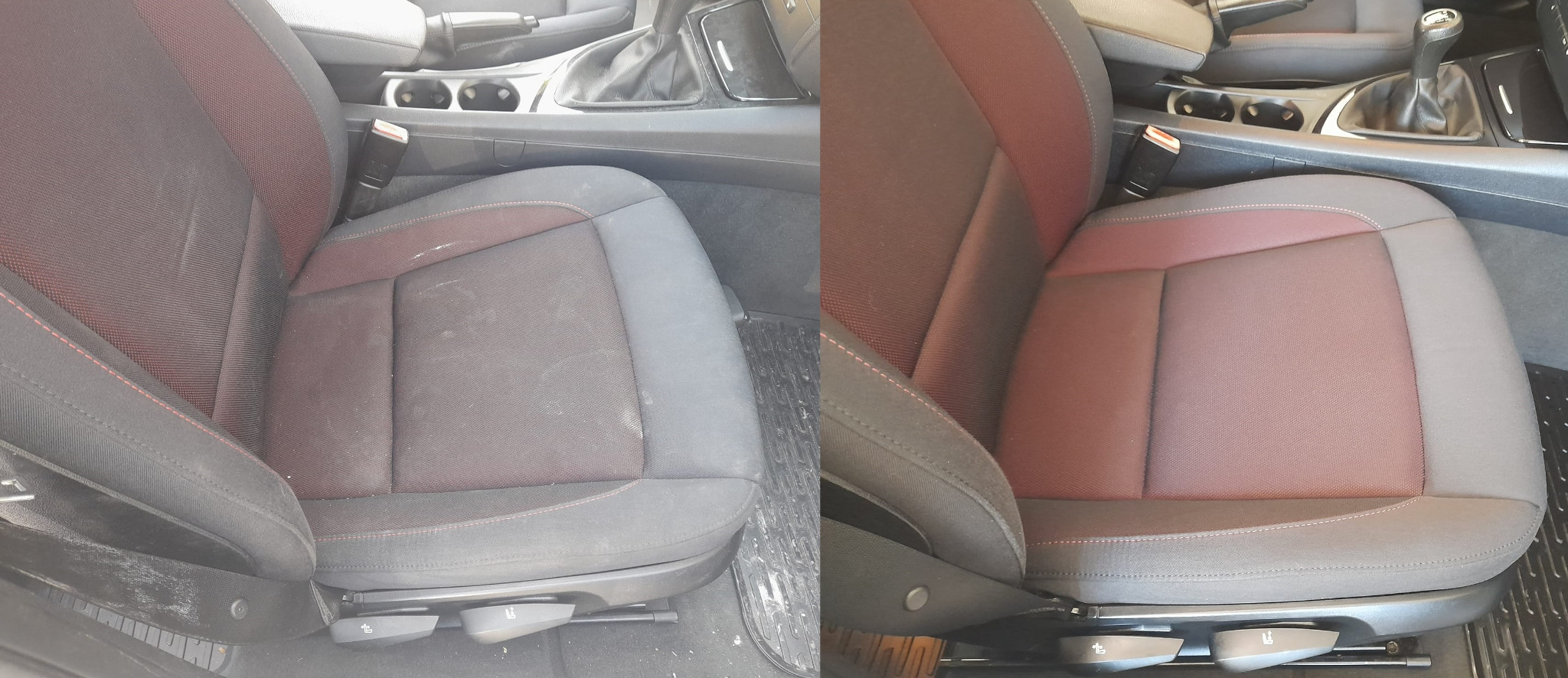Porównanie: Fotel samochodowy z tapicerką w odcieniach szarości i czerwieni, po lewej stronie widoczne zabrudzenia, po prawej fotel po czyszczeniu, ukazujący efekt usługi.