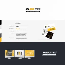 Prezentacja identyfikacji wizualnej firmy: logo, typografia, wizytówki i wygląd strony internetowej na monitorach.