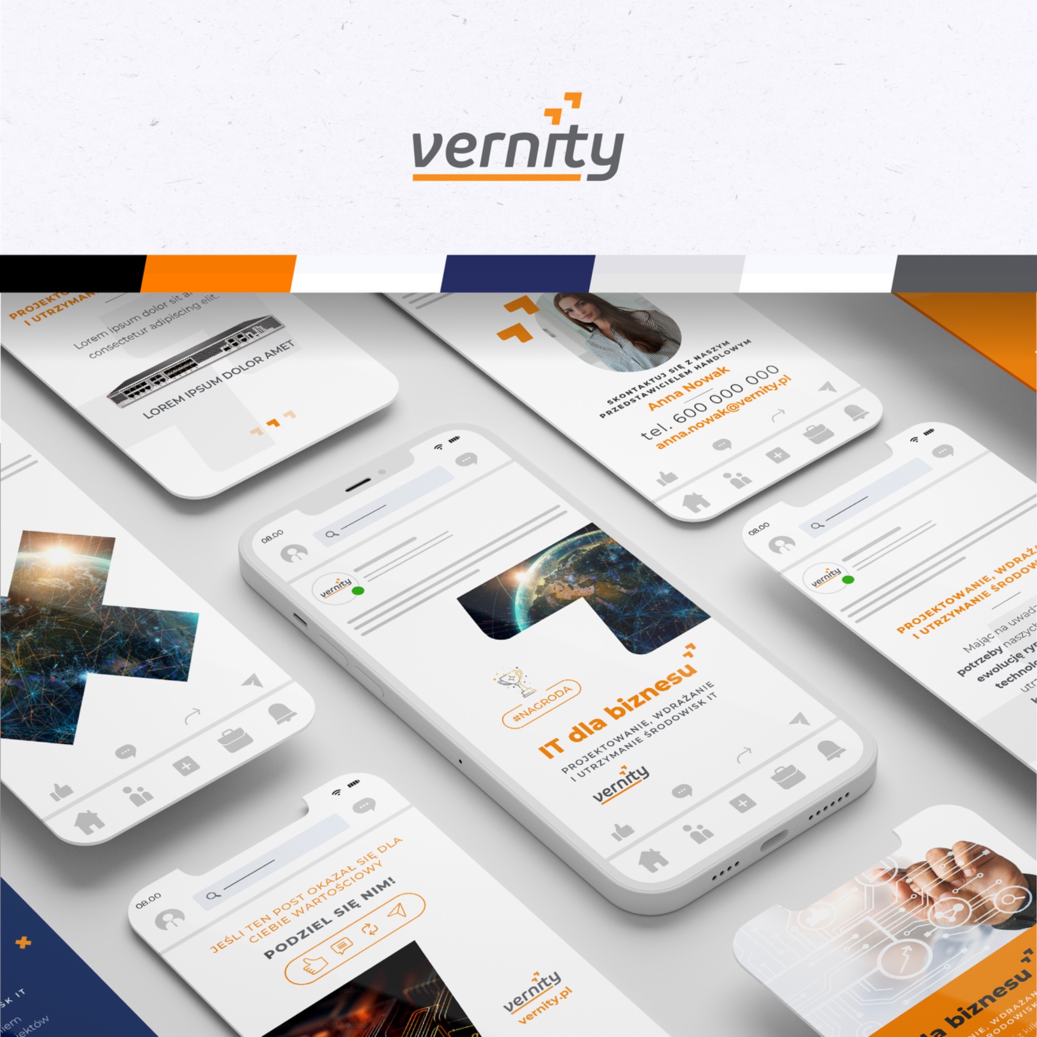 Prezentacja firmy IT Vernity na smartfonach, pokazująca usługi projektowania, wdrażania i utrzymania środowisk IT, z logo firmy w nagłówku.